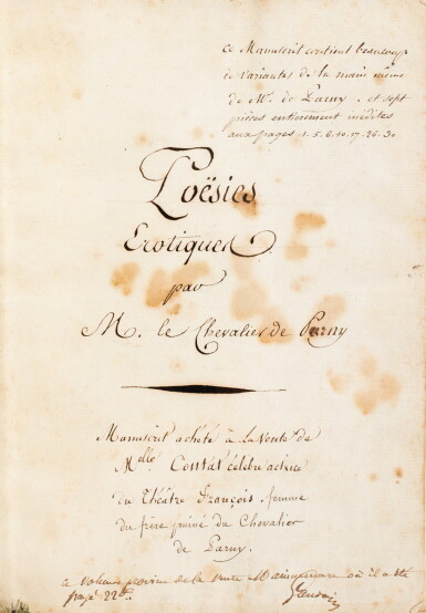 View full screen - View 1 of Lot 127. Poësies Erotiques. Copie manuscrite de l'époque, vers 1780. Ayant appartenu à l'actrice Louise Contat, belle-sœur de Parny..