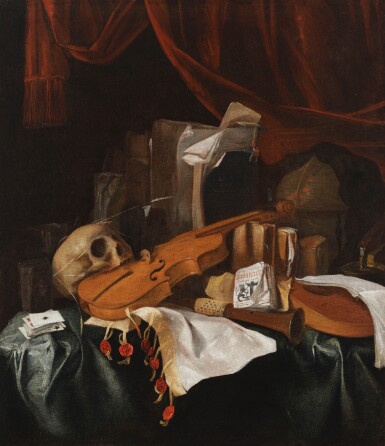 View full screen - View 1 of Lot 116. Vanitas still life with a skull, a violin, a cittern, playing cards, books, a globe and other objects on a draped table.