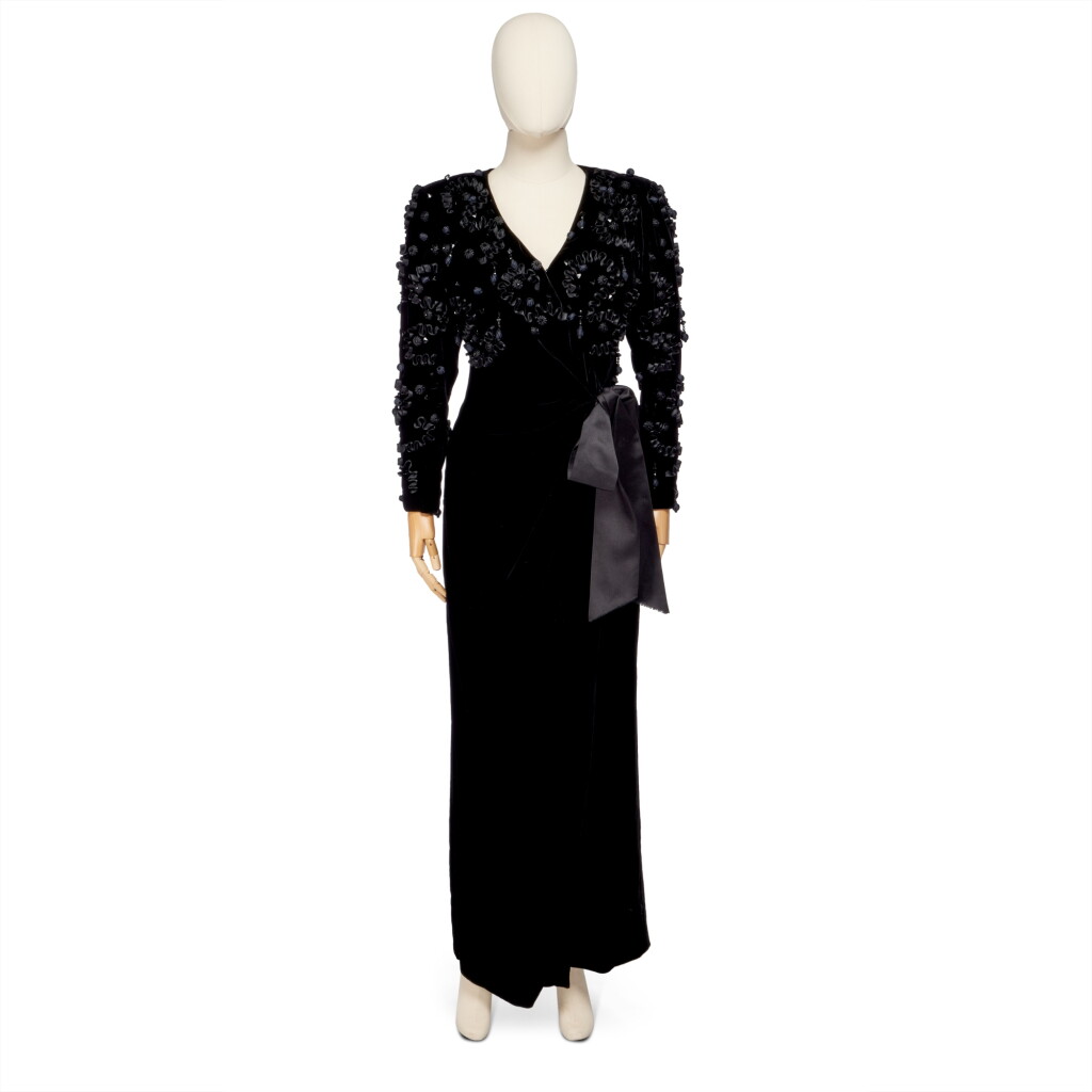 View full screen - View 1 of Lot 63. Black Silk Velvet Evening Gown, 1980s.