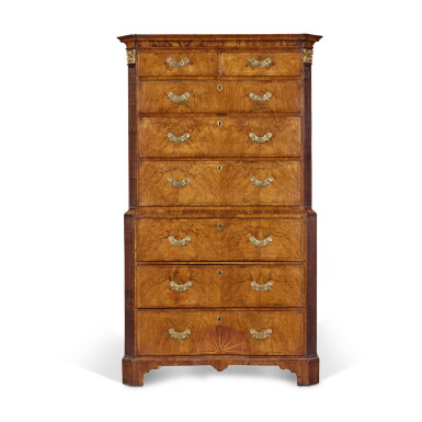 View full screen - View 1 of Lot 19. A George II Walnut, Inlaid and Parcel Gilt Secretaire Chest on Chest, Circa 1735.