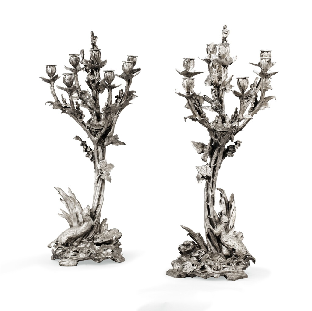 View full screen - View 1 of Lot 142. A PAIR OF LARGE SILVER-PLATED BRONZE SEVEN-LIGHT CANDELABRA, PROBABLY FRANCE, CIRCA 1870 | PAIRE DE GRANDS CHANDELIERS À SEPT LUMIÈRES EN BRONZE ARGENTÉ, PROBABLEMENT FRANCE, VERS 1870 .
