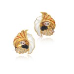 Unique pair of gem set and diamond ear clips, ‘Cacatoes’, circa 1989