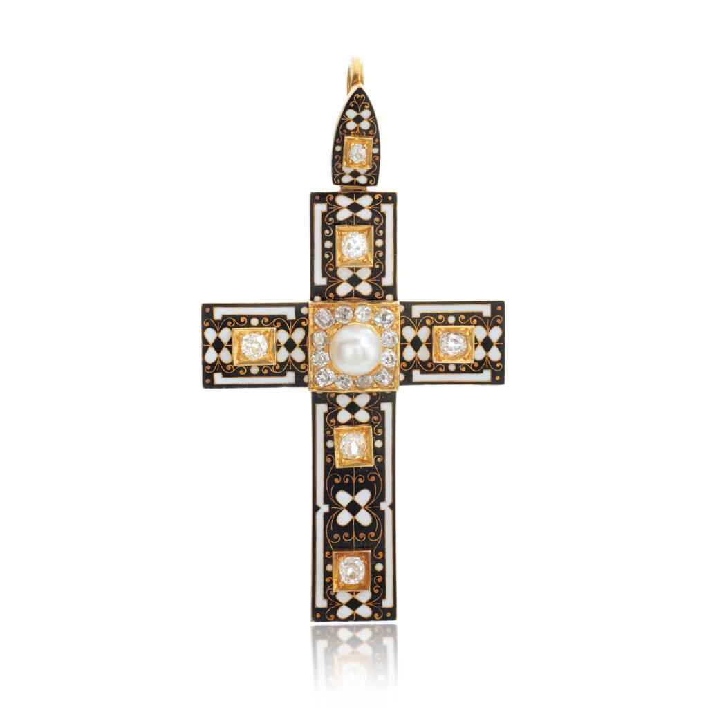 View full screen - View 1 of Lot 1028. Pearl, enamel and diamond pendant, circa 1865.