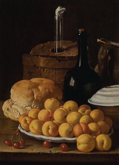 View full screen - View 1 of Lot 33. LUIS MELÉNDEZ | Still life with a plate of apricots, cherries, bread, a wine cooler and receptacles | 路易斯・梅蘭戴斯 | 《靜物:碟子上的杏桃、櫻桃、麵包、冰酒器與器皿》.