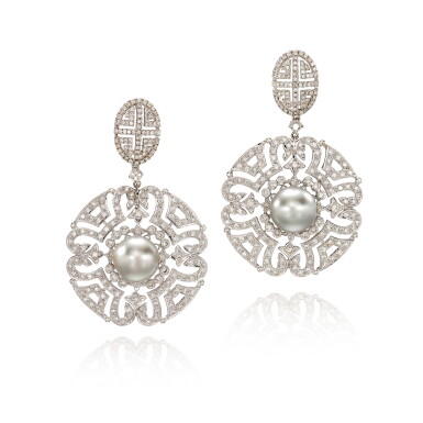 View full screen - View 1 of Lot 592. Pair of Cultured Pearl and Diamond Pendent Earrings | 養殖珍珠 配 鑽石 耳墜一對.