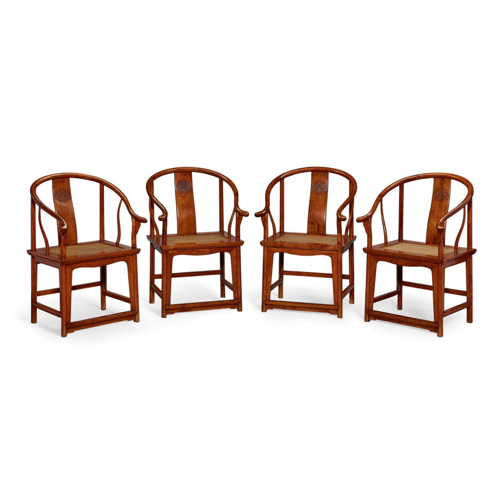 View full screen - View 1 of Lot 95. A RARE SET OF FOUR HUANGHUALI HORSESHOE-BACK ARMCHAIRS, QUANYI MING DYNASTY, 17TH CENTURY | 明十七世紀 黃花梨圈椅四把成堂.