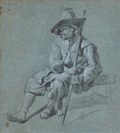 View full screen - View 1 of Lot 93. Study of a seated man in a hat, holding a staff.