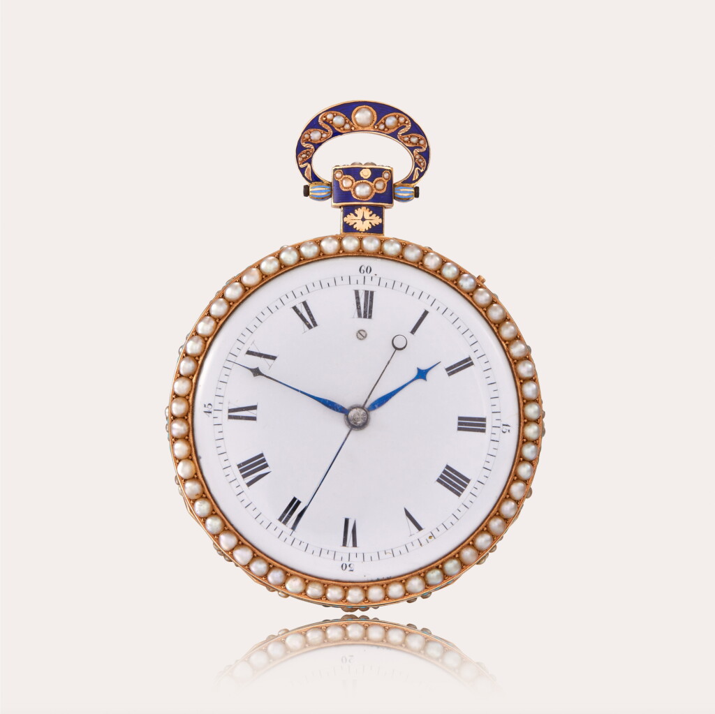 View full screen - View 1 of Lot 68. A fine and extremely rare gold, enamel and pearl-set open-faced minute repeating centre seconds watch made for the Chinese market with double wheel duplex escapement and three hammers repeating on three gongs | Circa 1821-5 | No. 7671.