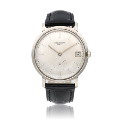 View full screen - View 1 of Lot 9. Reference 3445 Calatrava | A white gold automatic wristwatch with date, Circa 1970.