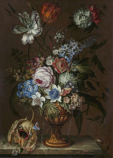 View full screen - View 1 of Lot 246. DANIEL VAN BEKE | STILL LIFE WITH ROSES, TULIPS, PRIMULAS, HYACINTHS AND OTHER SPRING FLOWERS IN A VASE ON A MARBLE LEDGE.
