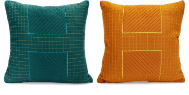 View full screen - View 1 of Lot 5650. Set of 2 Sapin and Ocre Cashmere H Quadrille Pillows.