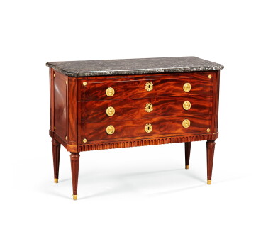 View full screen - View 1 of Lot 153. A LOUIS XVI GILT-BRONZE MOUNTED MAHOGANY COMMODE ATTRIBUTED TO JEAN-FRANÇOIS LELEU, CIRCA 1780 | COMMODE EN ACAJOU ET PLACAGE D'ACAJOU À MONTURE DE BRONZE DORÉ D'ÉPOQUE LOUIS XVI, VERS 1780, ATTRIBUÉE À JEAN-FRANÇOIS LELEU.