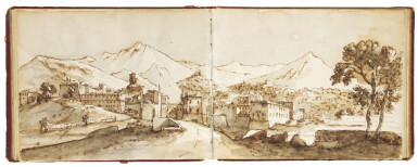 View full screen - View 1 of Lot 82. An album of Italian views; 17 sheets of paper bound in a red leather album, 15 of them used for drawings, some drawn on both sides, and one panoramic view of Florence drawn across two sheets.