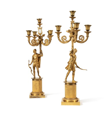 View full screen - View 1 of Lot 250. A pair of five-light gilt-bronze “Diana and Apollo” candelabra, French Restauration, circa 1825 Paire de candélabres à « Diane et Apollon » à cinq lumières en bronze doré d’époque Restauration, vers 1825.
