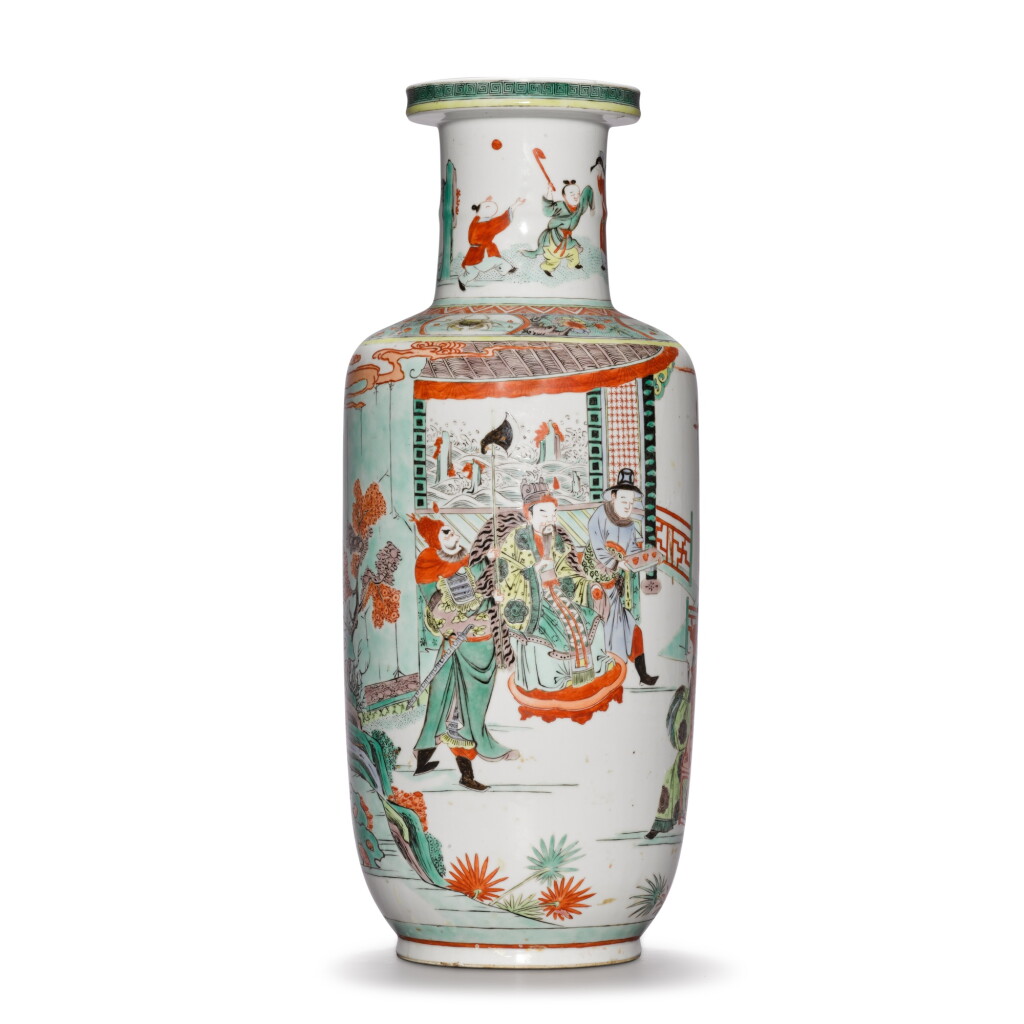 View full screen - View 1 of Lot 159. A famille-verte 'figural' rouleau vase, Qing dynasty, 19th century .