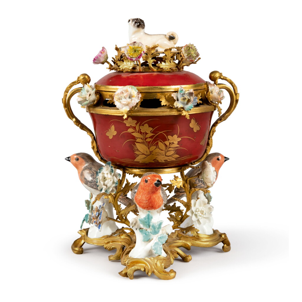 View full screen - View 1 of Lot 178. A LOUIS XV GILT BRONZE, FRENCH AND MEISSEN PORCELAIN AND JAPANESE RED AND GOLD LACQUER POT-POURRI, CIRCA 1750.
