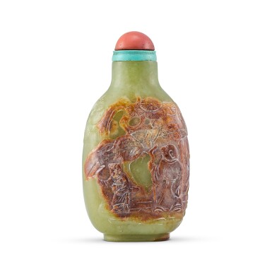 View full screen - View 1 of Lot 2040. A yellow and russet jade 'sage and acolyte' snuff bottle, Qing dynasty, 18th century 清十八世紀 黃玉亭臺高士圖鼻煙壺.