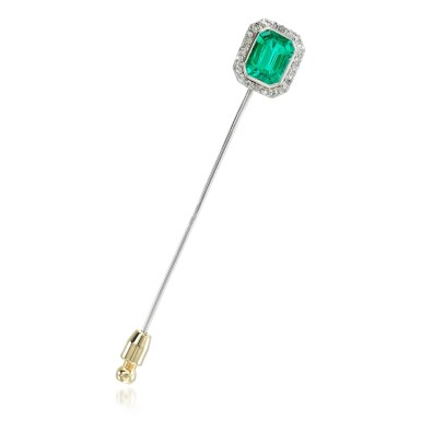 View full screen - View 1 of Lot 37. A EMERALD AND DIAMOND STICK PIN.