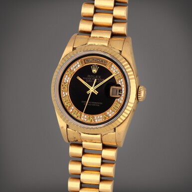 View full screen - View 1 of Lot 314. Day-Date, Reference 18238 | A yellow gold and diamond set wristwatch with day, date and bracelet | Circa 1995.
