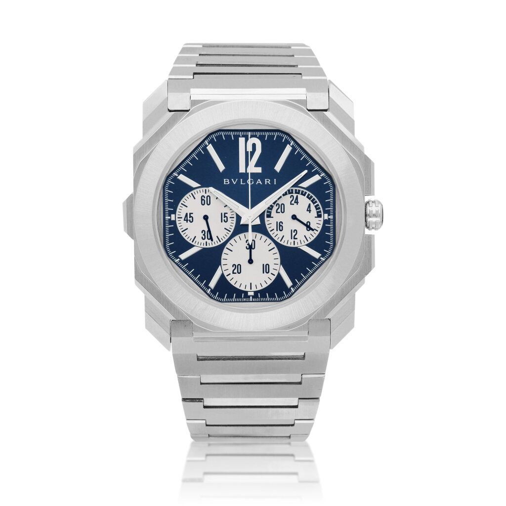View full screen - View 1 of Lot 8671. Octo Finissimo S Chronograph GMT, Reference 103467 | A stainless steel dual time zone chronograph wristwatch with bracelet, Circa 2021 | 寶格麗 | Octo Finissimo S Chronograph GMT 型號103467 | 精鋼兩地時間計時鏈帶腕錶,約2021年製.