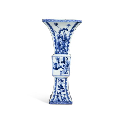 A blue and white 'The Plum in the Golden Vase' gu-form vase, Qing