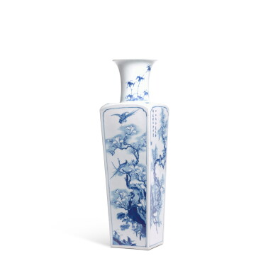 View full screen - View 1 of Lot 212. An inscribed blue and white quadrangular vase, Mark and period of Kangxi | 清康熙 青花山水詩文四方瓶 《大清康熙年製》款.