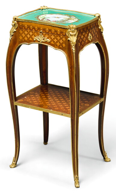 View full screen - View 1 of Lot 132. A LOUIS XV STYLE GILT-BRONZE AND PORCELAIN MOUNTED SYCAMORE AND AMARANTH PARQUETRY TABLE EN CHIFFONIÈRE 19TH CENTURY, IN THE STYLE OF RVLC.
