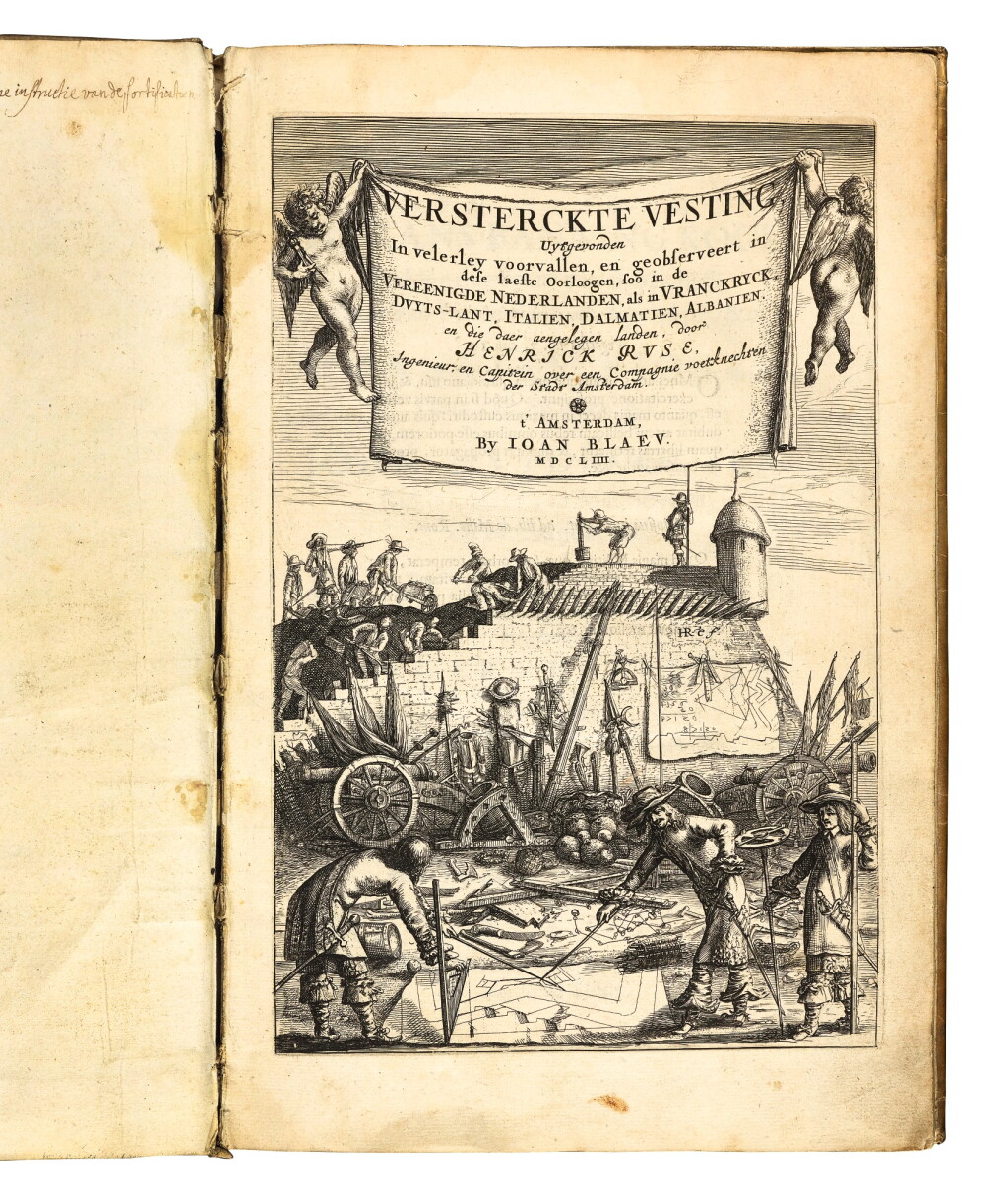 View full screen - View 1 of Lot 175. Fortifications and artillery, works in Dutch, 3 volumes, by Ruse, Bekker van Hervord and Claesz van Utrecht.