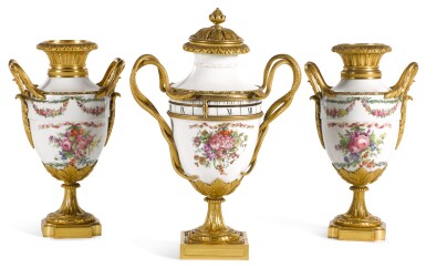 View full screen - View 1 of Lot 158. A LOUIS XVI STYLE GILT-BRONZE MOUNTED PARIS PORCELAIN GARNITURE EARLY 19TH CENTURY .
