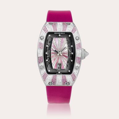 View full screen - View 1 of Lot 2170. Reference RM007 | A white gold, diamond and pink sapphire-set semi-skeletonised wristwatch with date, Circa 2008.