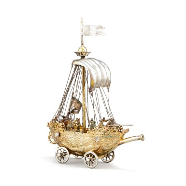 View full screen - View 1 of Lot 301. A German parcel-gilt and enamel silver nef, Esaias zur Linden, Nurnberg, circa 1630.