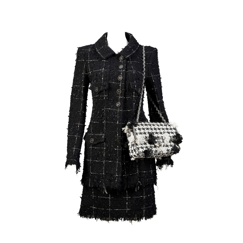 View full screen - View 1 of Lot 3121. Set of Three By Virginie Viard Black Tweed and Sequin Fringe Jacket and Skirt, Resort 2022 and Black and White Fabric Double Flap Bag Silver Hardware, 2014-15.