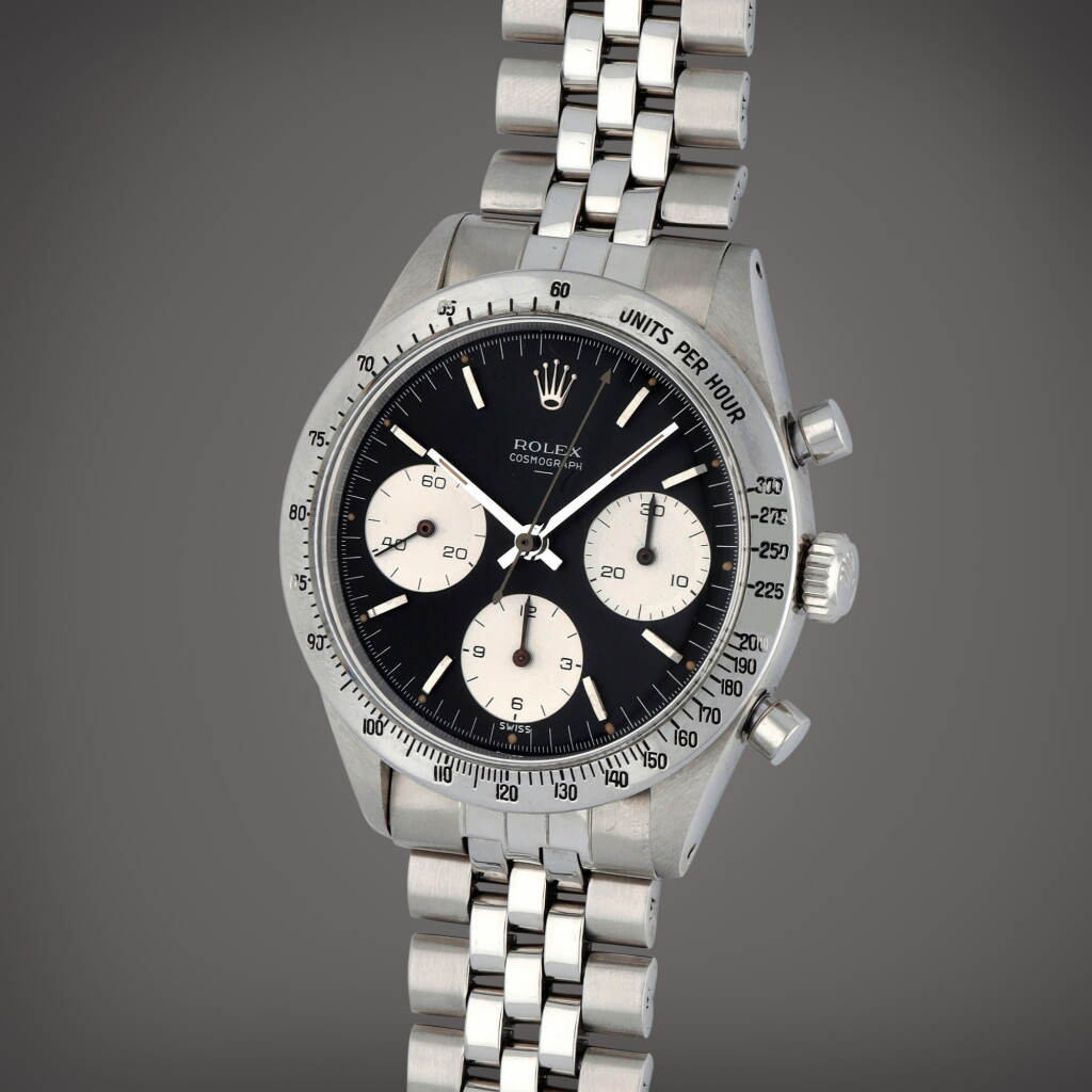 View full screen - View 1 of Lot 338. Daytona 'Double Swis Underline', Reference 6239 | A stainless steel chronograph wristwatch with double Swiss underline dial and bracelet | Circa 1963 .