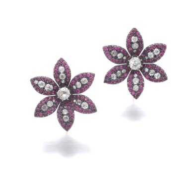 View full screen - View 1 of Lot 556. PAIR OF RUBY AND DIAMOND EAR CLIPS.