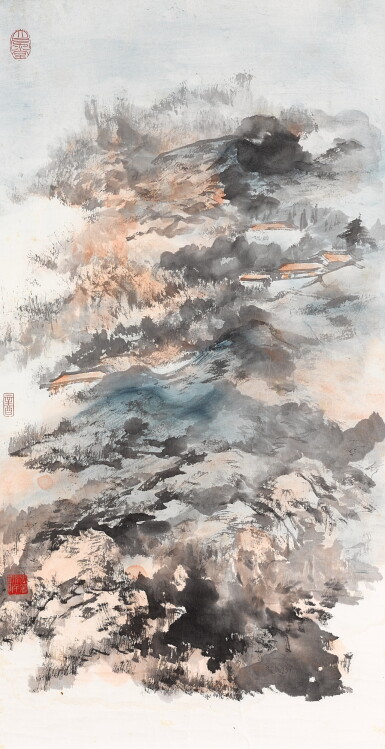 View full screen - View 1 of Lot 9008. 張大千 山色蒼莽 | Zhang Daqian, Village in Misty Mountains.