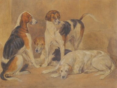 View full screen - View 1 of Lot 74. ENGLISH SCHOOL, 19TH CENTURY | FOUR FOX HOUNDS.