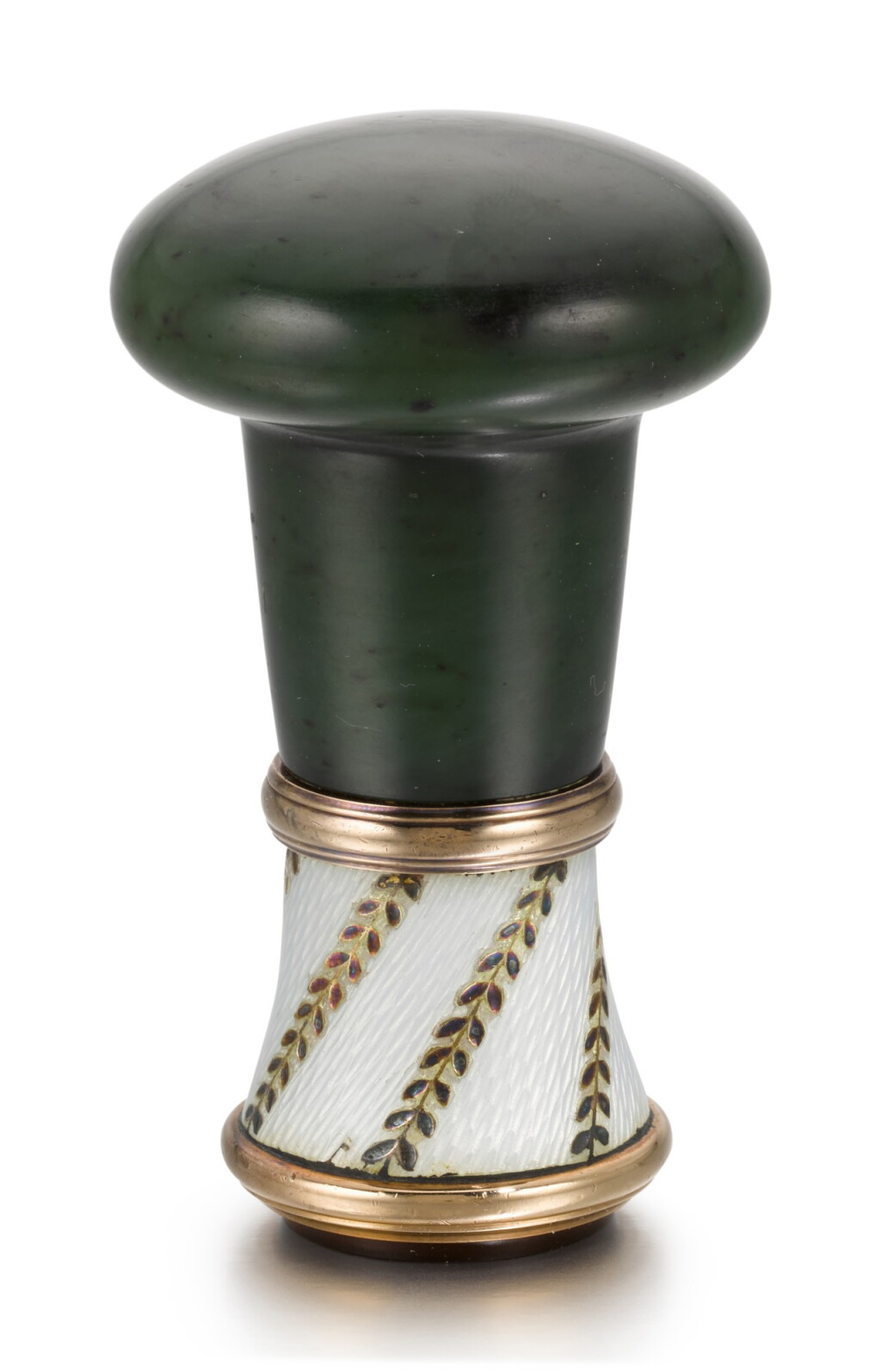 View full screen - View 1 of Lot 106. A Fabergé gold-mounted nephrite and guilloché enamel hand seal, workmaster Michael Perkhin, St Petersburg, 1899-1903.