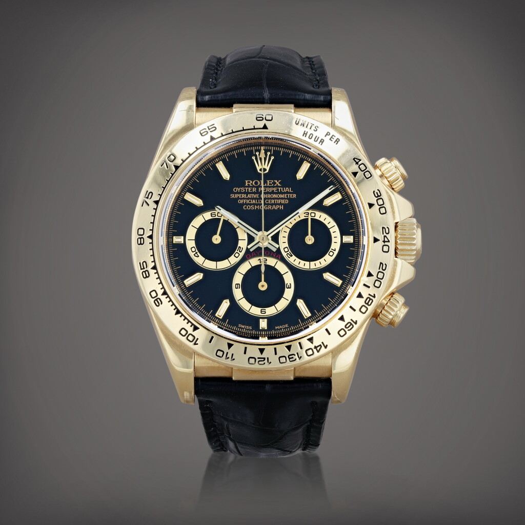 View full screen - View 1 of Lot 358. Daytona, reference 16518 Montre bracelet chronographe en or jaune | Yellow gold chronograph wristwatch avec bracelet Vers 1998 | Circa 1998.