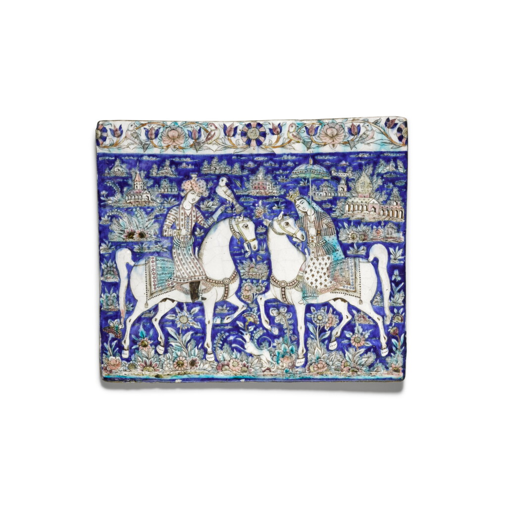 View full screen - View 1 of Lot 243. A Qajar moulded polychrome pottery tile, Persia, 19th century.