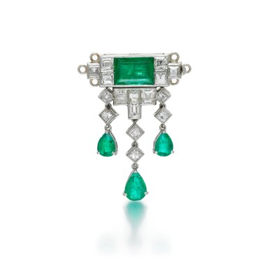 View full screen - View 1 of Lot 26. EMERALD AND DIAMOND CLASP, 1930S.