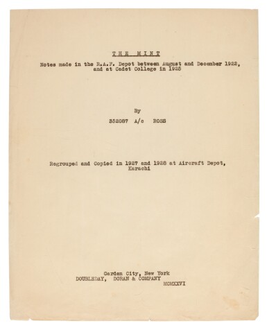 View full screen - View 1 of Lot 119. LAWRENCE, T.E. | The Mint, carbon typescript copy, c.1936.