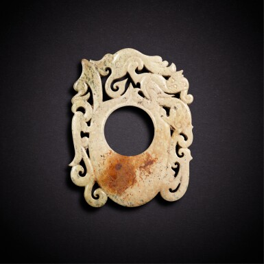 View full screen - View 1 of Lot 7895. A jade 'chilong and phoenix' archer's ring, Han dynasty | 漢 青玉螭龍鳳紋韘形珮.