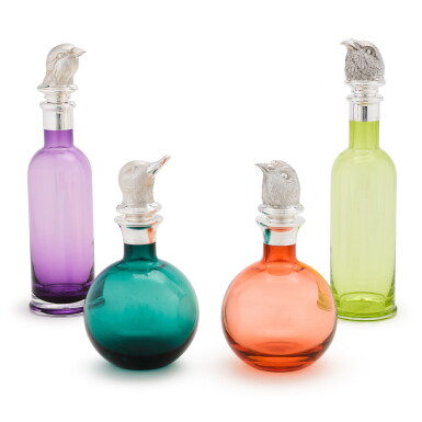 View full screen - View 1 of Lot 40. A set of four glass decanters with silver gamebird stoppers, Theo Fennell, London, 2021.