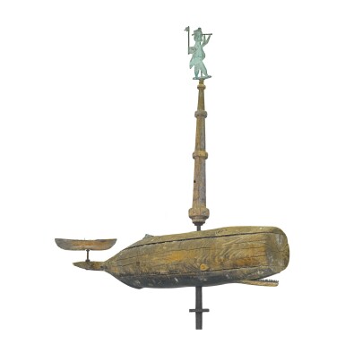 View full screen - View 1 of Lot 12. VERY RARE CARVED PINE AND SHEET COPPER WHALE AND SEA CAPTAIN WEATHERVANE, WESTPORT, MASSACHUSETTS, CIRCA 1850.