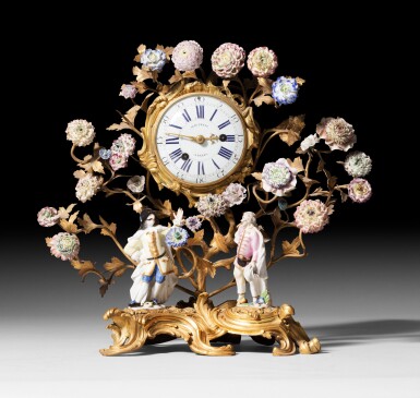 View full screen - View 1 of Lot 56. A Louis XV gilt-bronze mounted and Vincennes porcelain mantel clock, circa 1750 | Pendule en bronze doré et porcelaine de Vincennes d'époque Louis XV, vers 1750.