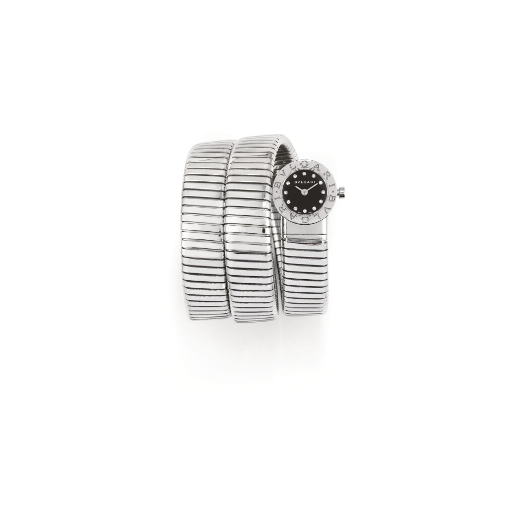 View full screen - View 1 of Lot 72. MONTRE-BRACELET DE DAME ACIER ET DIAMANTS, "TUBOGAS", BULGARI | LADY'S STAINLESS STEEL AND DIAMOND WRISTWATCH, 'TUBOGAS', BULGARI.
