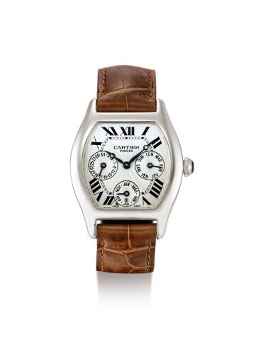 View full screen - View 1 of Lot 2076. CARTIER | COLLECTION PRIVÉE TORTUE CALENDARIO PERPETUO, REFERENCE 2540, A WHITE GOLD PERPETUAL CALENDAR WRISTWATCH WITH LEAP YEAR INDICATION, CIRCA 2000 | 卡地亞 | "Collection Privée Tortue Calendario Perpetuo 型號2540 白金萬年曆腕錶,備閏年顯示,錶殼編號20MG,約2000年製".