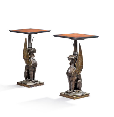 View full screen - View 1 of Lot 37. A Pair of French patinated bronze, tinted maple and ebonized sellettes, late 19th century.