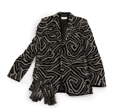 View full screen - View 1 of Lot 48. Saint Laurent Paris Black Velvet Zebra Jacket, circa 2000 | Veste en velours, nylon, broderies de sequins et chaînes en métal argenté et plastique noir, circa 2000.