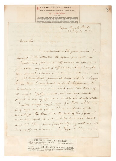 View full screen - View 1 of Lot 299. David Ricardo | Autograph letter signed, on proposed reforms to the national finances, to Joseph Marryat, 1813.